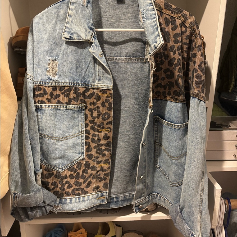 Amazon Blue and Brown Leopard Print Jean Jacket